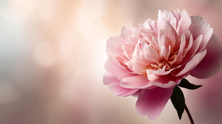 A delicate pink peony on a soft pastel background, petals gently overlapping with a clean, empty space.の素材