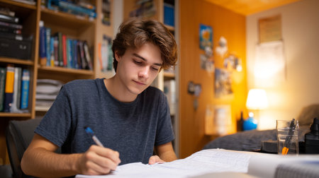 A male student sitting at a desk in a dorm room, surrounded by textbooks, writing notes while studying for examsの素材