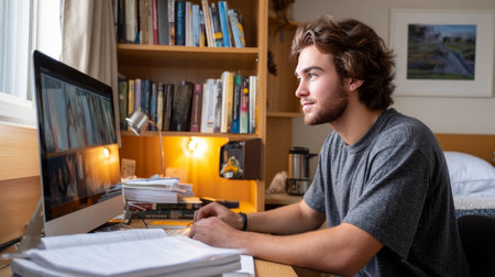 A male college student attending a virtual lecture in his dorm room, focused on the computer screen, with textbooks scattered aroundの素材