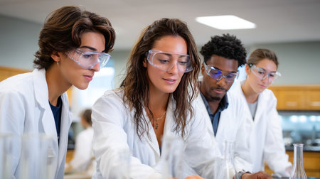 A diverse group of college students in a biology lab, wearing lab coats, examining test tubes and microscopes with focus and concentrationの素材