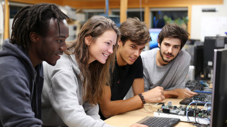 A group of students gathered around a laptop in a study room, collaborating on a project, taking notesの素材