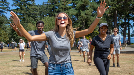 A group of students attending an outdoor campus event, playing frisbee, laughing, and enjoying a sunny dayの素材