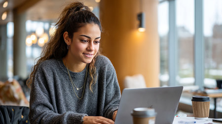 A college student working on a laptop in a cozy campus cafe, surrounded by coffee cups and notes, casual and relaxed atmosphereの素材