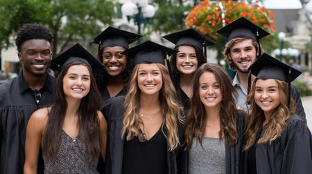 Happy graduates posing for group photos on the university campus, wearing caps and gowns, with festive decorations.の素材