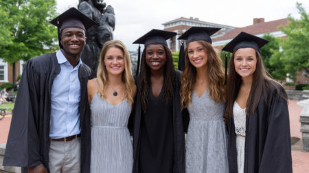 Group of female graduates smiling and cheering with their arms around each other on the college camp.の素材