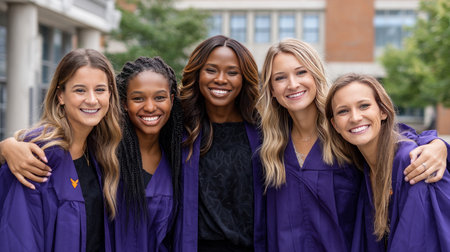 Group of female graduates smiling and cheering with their arms around each other on the college camp.の素材