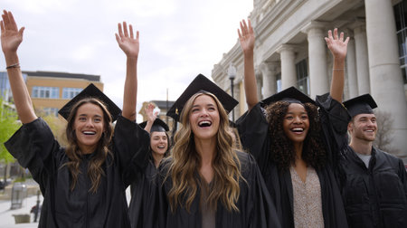 Group of female graduates smiling and cheering with their arms around each other on the college camp.の素材