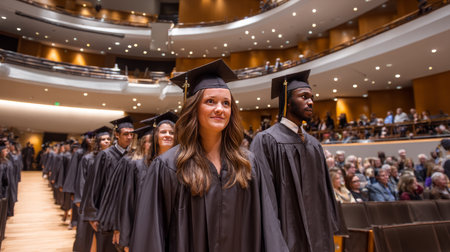 Graduation ceremony in progress, students in caps and gowns walking down the aisle, university auditorium filled with proud families.の素材