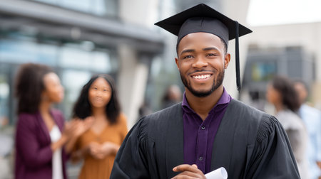 Graduate proudly standing in front of their college, diploma in hand, with friends in the background congratulating them.の素材