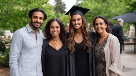 A graduate celebrating with family, tossing their graduation cap in the air, surrounded by friends on the college campus.の素材