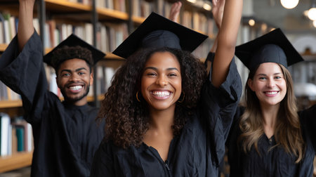 Excited college graduates in the library, celebrating with books and diplomas in hand, proud expressions on their faces.の素材
