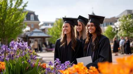 College graduates in caps and gowns holding their diplomas in the university's central courtyard, colorful flowers in bloom.の素材