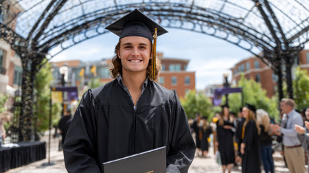 A graduate standing under a decorative arch, diploma in hand, while other graduates cheer in the backgroun.の素材