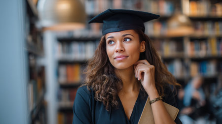 A graduate reflecting thoughtfully by the college library, holding their diploma, sentimental moment after graduation ceremony.の素材
