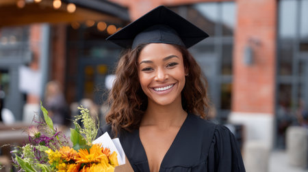 A graduate holding a bouquet of flowers and a diploma, smiling broadly, standing outside their college in full cap and gown.の素材