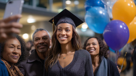 A cheerful graduate surrounded by family members, taking photos at a graduation ceremony, with colorful balloons in the background.の素材