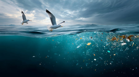 Plastic trash in the ocean. Environmental pollution. The sea is covered in plastic and dead sea creatures. A global problem, a threat to ocean wildlife and calling for urgent action to protect the environmentの素材