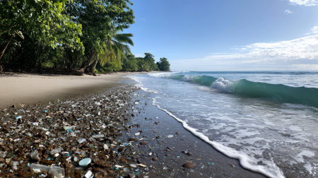 Plastic pollution of the ocean is an environmental problem. Dirty sea beach, garbage on the seashore. A global problem, a threat to ocean wildlife and calling for urgent action to protect the environmentの素材