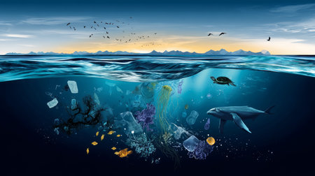 Plastic pollution in the ocean is an environmental problem. Turtles may eat plastic bags, mistaking them for jellyfish. A global problem, a threat to ocean wildlife and calling for urgent action to protect the environmentの素材