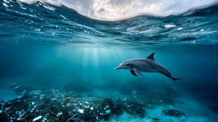 Plastic pollution in the ocean is an environmental problem. Plastic garbage in the ocean and dolphin. A global problem, a threat to ocean wildlife and calling for urgent action to protect the environmentの素材