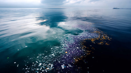 Oil spill from ship, pollution by oil spill, contaminated water and surface water as a result of human activity. Industrial chemical pollution, oil and fuel oil spill at sea, petroleum productsの素材