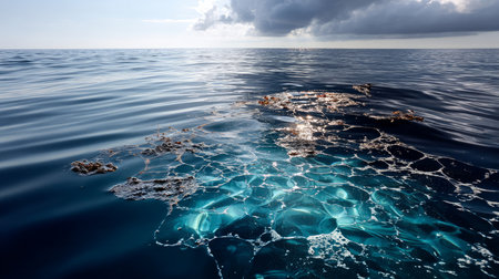 Oil spill from ship, pollution by oil spill, contaminated water and surface water as a result of human activity. Industrial chemical pollution, oil and fuel oil spill at sea, petroleum productsの素材