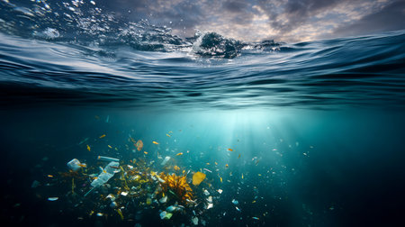 Plastic trash in the ocean. Environmental pollution. The sea is covered in plastic and dead sea creatures. A global problem, a threat to ocean wildlife and calling for urgent action to protect the environmentの素材