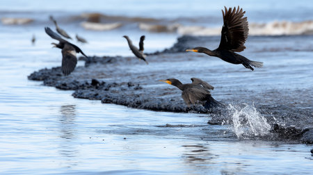 A seabird covered in black crude oil struggles to cope with a devastating oil spill from a tanker as nature is blighted by human negligence. A global issue threatening ocean wildlife and calling for urgent action to protect the environmentの素材
