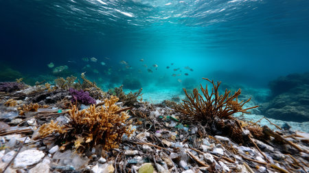 Plastic trash in the ocean. Environmental pollution. The sea is covered in plastic and dead sea creatures. A global problem, a threat to ocean wildlife and calling for urgent action to protect the environmentの素材