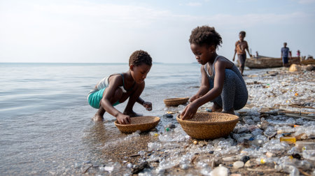Group of children collecting plastic on the beach. Plastic pollution of the ocean is an environmental problem. A global problem, a threat to ocean wildlife and calling for urgent action to protect the environmentの素材