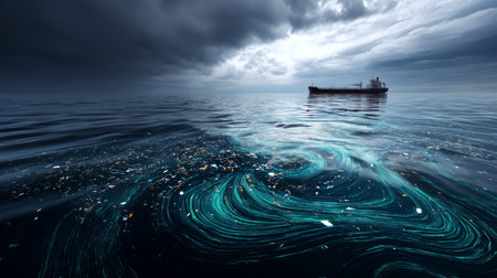 Black crude oil spilled, struggling to clean up a devastating oil spill from a tanker, nature ruined by human negligence. A global issue, threatening ocean wildlife and calling for urgent action to protect the environmentの素材