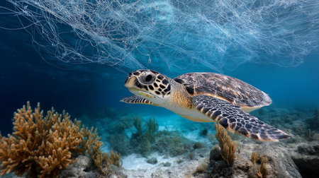 Plastic pollution in the ocean is an environmental problem. Sea Turtle trapped on a loose fishing net A global problem, threatening ocean wildlife and calling for urgent action to protect the environmentの素材