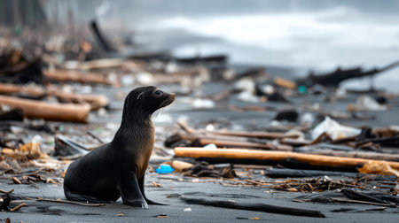 A sad sea lion on a polluted beach with plastic trash strewn everywhere. Plastic pollution in the ocean is an environmental issue. A global problem, a threat to ocean wildlife and calling for urgent action to protect the environmentの素材