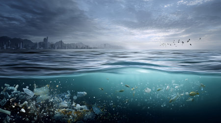 Plastic trash in the ocean. Environmental pollution. The sea is covered in plastic and dead sea creatures. A global problem, a threat to ocean wildlife and calling for urgent action to protect the environmentの素材