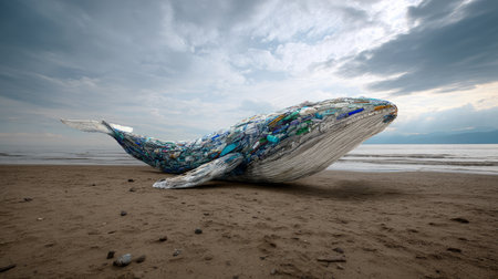 A panoramic image of a stranded sperm whale.. Ocean plastic pollution is an environmental issue. A global problem, threatening ocean wildlife and calling for urgent action to protect the environmentの素材