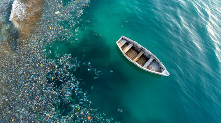 Top view of a kayak floating among plastic garbage turquoise water of the sea. Plastic pollution of the ocean is an environmental problem. A global problem, a threat to ocean wildlife and calling for urgent action to protect the environmentの素材
