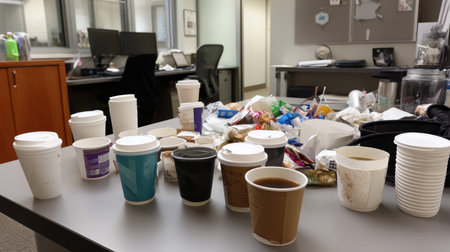 Multiple unused coffee cups and fast food wrappers on an office desk. Symbol of a major environmental problem caused by urban overconsumption waste. Abstract imageの素材