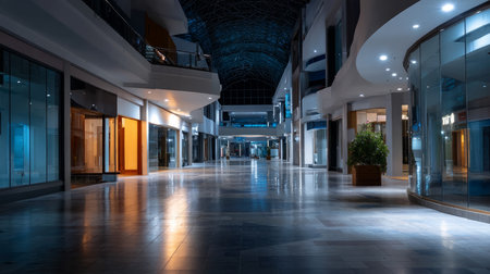 An empty mall at night lit by excessive lighting. Symbol of a major environmental problem caused by urban overconsumption waste. Abstract imageの素材