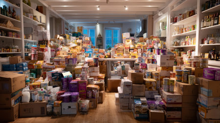 A room filled with expired groceries and unopened products. Symbol of a major environmental problem caused by urban overconsumption waste. Abstract imageの素材