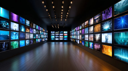 Wall of flat screen TVs showing advertisements only. Symbol of a major environmental problem caused by urban overconsumption waste. Abstract imageの素材