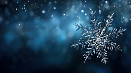 Snowflake close up on blue defocused background. Merry Christmas and Happy Holidays greeting card, frame, and banner. New Year. Noel. Winter Christmas themeの素材