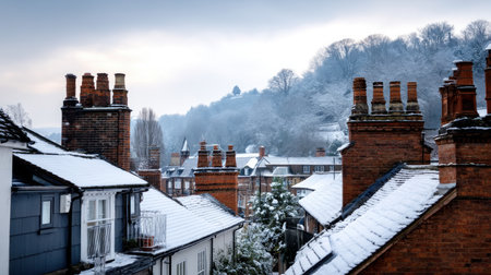 Snow-covered rooftops and chimneys in a quaint village, with a large space in the sky for your text. Merry Christmas and Happy Holidays greeting card, frame, and banner. New Year. Noel. Winter Christmas themeの素材