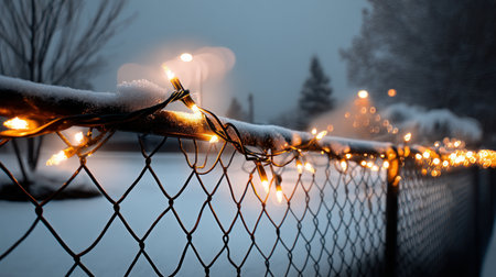 Christmas lights wrapped around a fence with soft snow in the background, leaving room for text. Merry Christmas and Happy Holidays greeting card, frame, and banner. New Year. Noel. Winter Christmas themeの素材