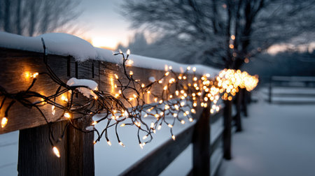 Christmas lights wrapped around a fence with soft snow in the background, leaving room for text. Merry Christmas and Happy Holidays greeting card, frame, and banner. New Year. Noel. Winter Christmas themeの素材