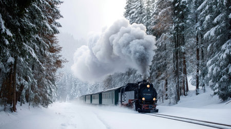 A steam train rushes through the snow, smoke comes out of the chimney. Pressnitztalbahn steam train locomotive railway in winte.の素材