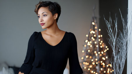 Decorating christmas tree with stylish ribbon. Woman in cozy sweater hanging modern velvet decoration on tree branch close up. Atmospheric winter holiday tradition, family timeの素材
