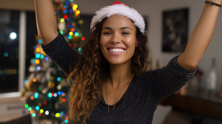 Decorating christmas tree with stylish ribbon. Woman in cozy sweater hanging modern velvet decoration on tree branch close up. Atmospheric winter holiday tradition, family timeの素材