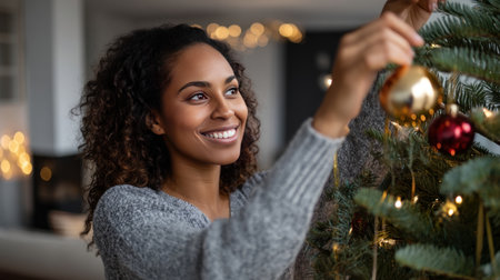 Decorating christmas tree with stylish ribbon. Woman in cozy sweater hanging modern velvet decoration on tree branch close up. Atmospheric winter holiday tradition, family timeの素材
