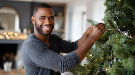 Decorating a Christmas tree with stylish ribbon and ornaments. A close-up of a man in a cozy sweater hanging a modern velvet ornament on a branch. A cozy winter holiday tradition, a family pastimeの素材