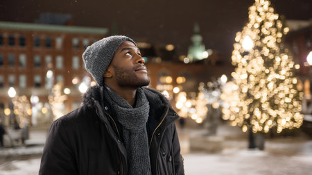 Decorating a Christmas tree with stylish ribbon and ornaments. A close-up of a man in a cozy sweater hanging a modern velvet ornament on a branch. A cozy winter holiday tradition, a family pastimeの素材